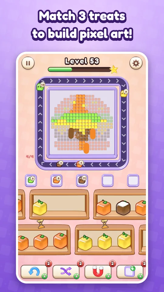 Gameplay: matching treats to build a burger picture